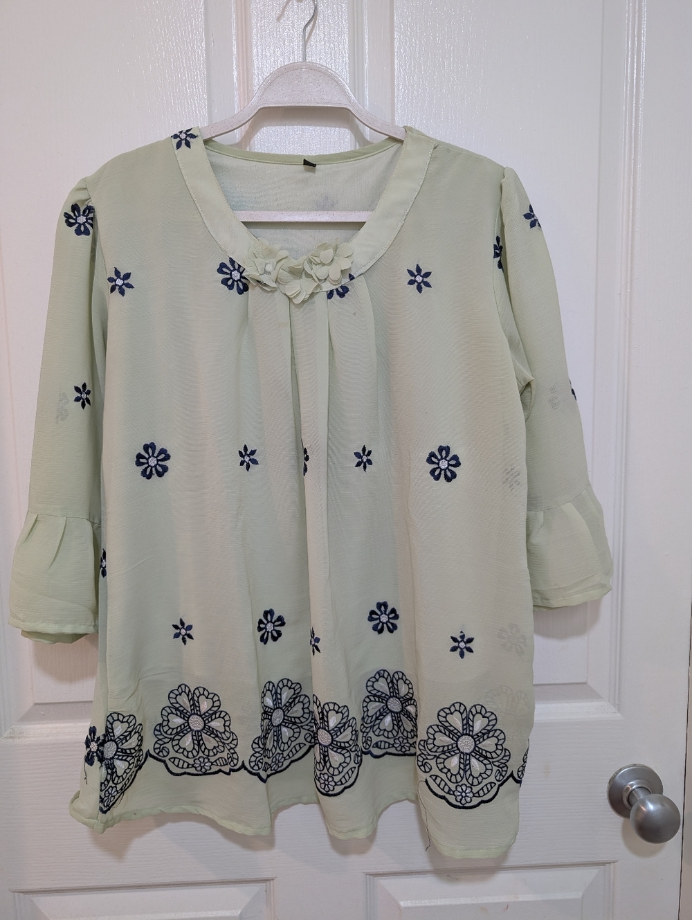 Light Green Floral Embroidered Tunic Top with Ruffled Sleeves